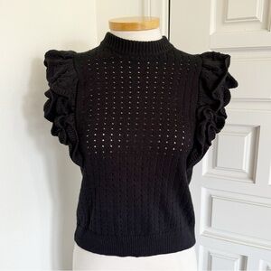 Who What Wear Black Sweater Open Knit Top Ruffle Sleeves Button Down Back Small